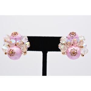 Vendome Vintage Clip On Earrings Beaded Pink Aurora Borealis Crystal Signed BinU